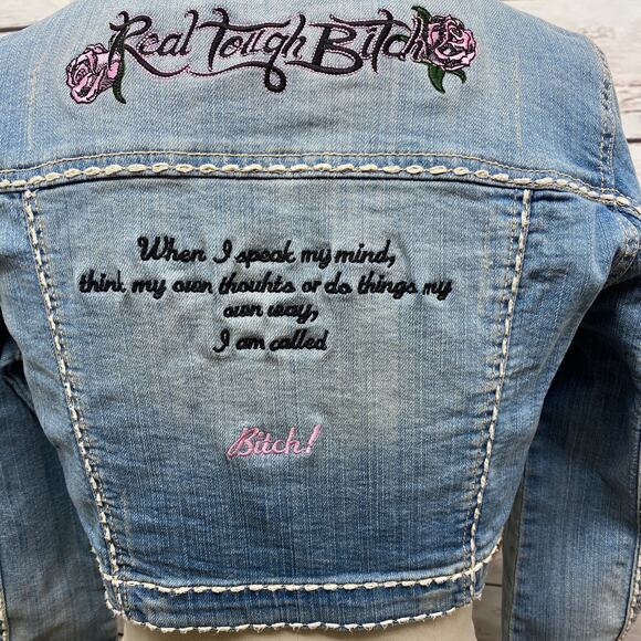 RTB Real Tough B itch Denim Jacket SMALL Biker Babe Blue Jean Embroidered Bling - Picture 2 of 11